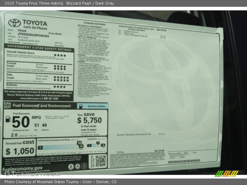  2015 Prius Three Hybrid Window Sticker