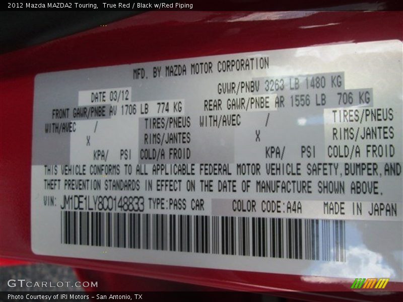 True Red / Black w/Red Piping 2012 Mazda MAZDA2 Touring