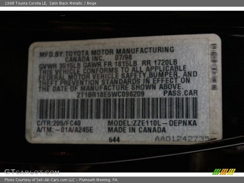 Satin Black Metallic / Beige 1998 Toyota Corolla LE