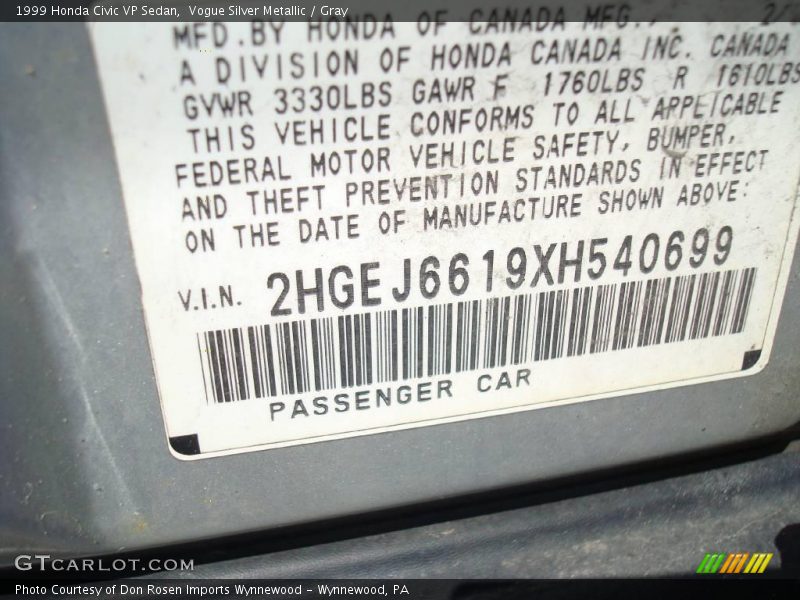 Vogue Silver Metallic / Gray 1999 Honda Civic VP Sedan