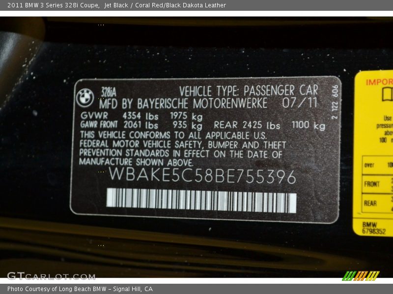 Jet Black / Coral Red/Black Dakota Leather 2011 BMW 3 Series 328i Coupe
