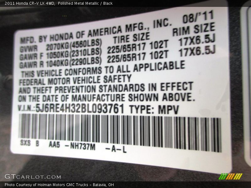Polished Metal Metallic / Black 2011 Honda CR-V LX 4WD