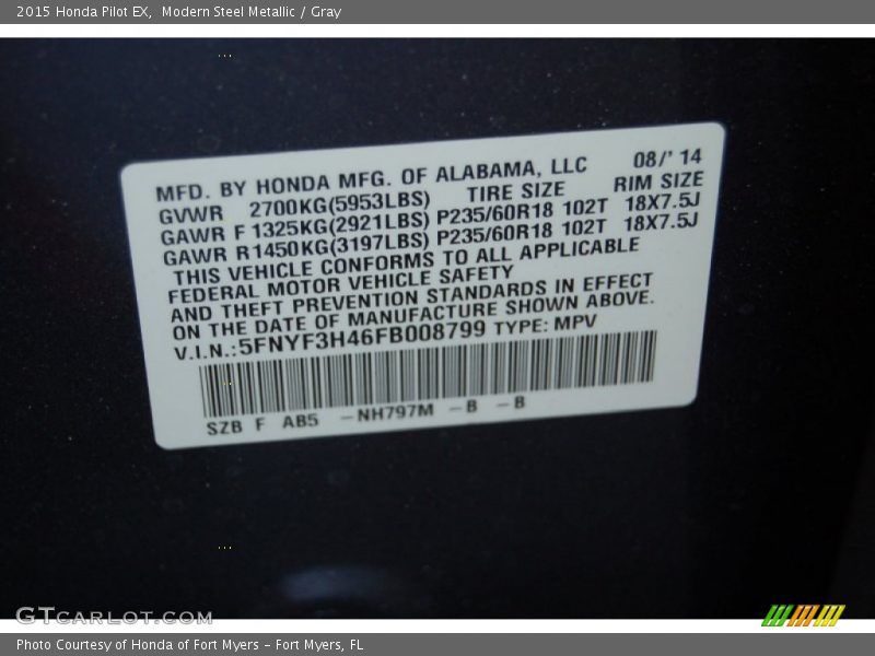Modern Steel Metallic / Gray 2015 Honda Pilot EX