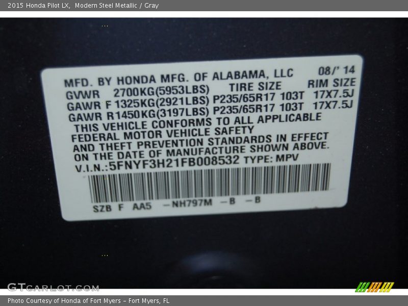 Modern Steel Metallic / Gray 2015 Honda Pilot LX