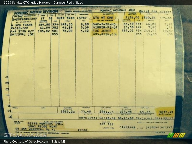 Info Tag of 1969 GTO Judge Hardtop