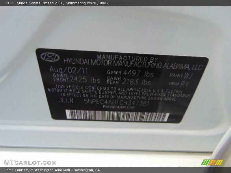 Shimmering White / Black 2012 Hyundai Sonata Limited 2.0T