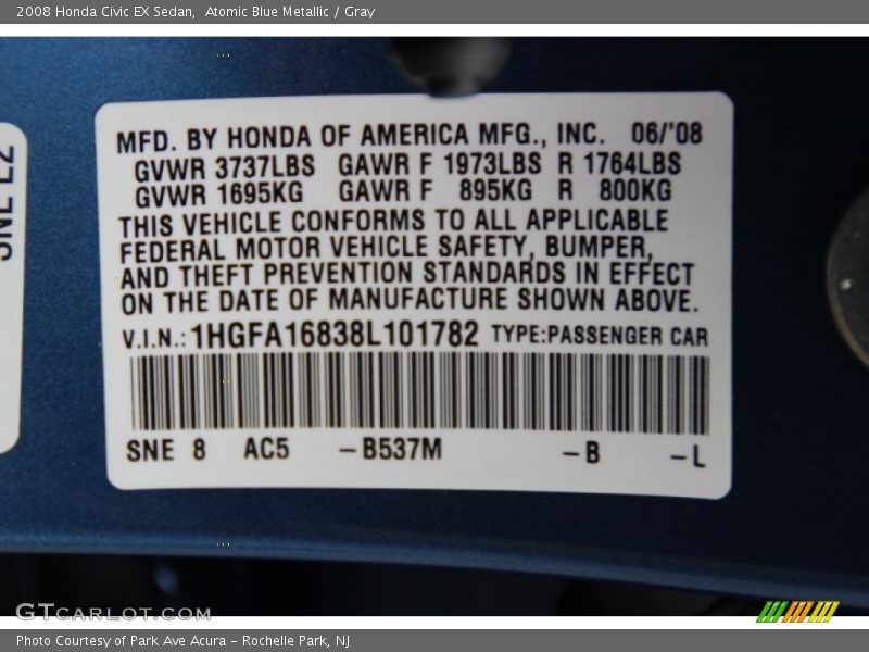 Atomic Blue Metallic / Gray 2008 Honda Civic EX Sedan