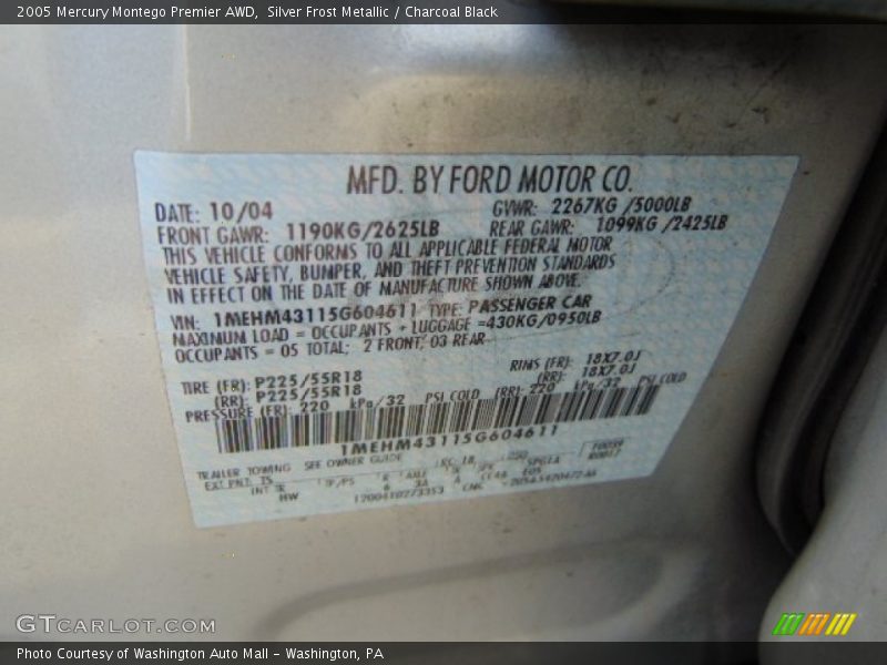 Silver Frost Metallic / Charcoal Black 2005 Mercury Montego Premier AWD