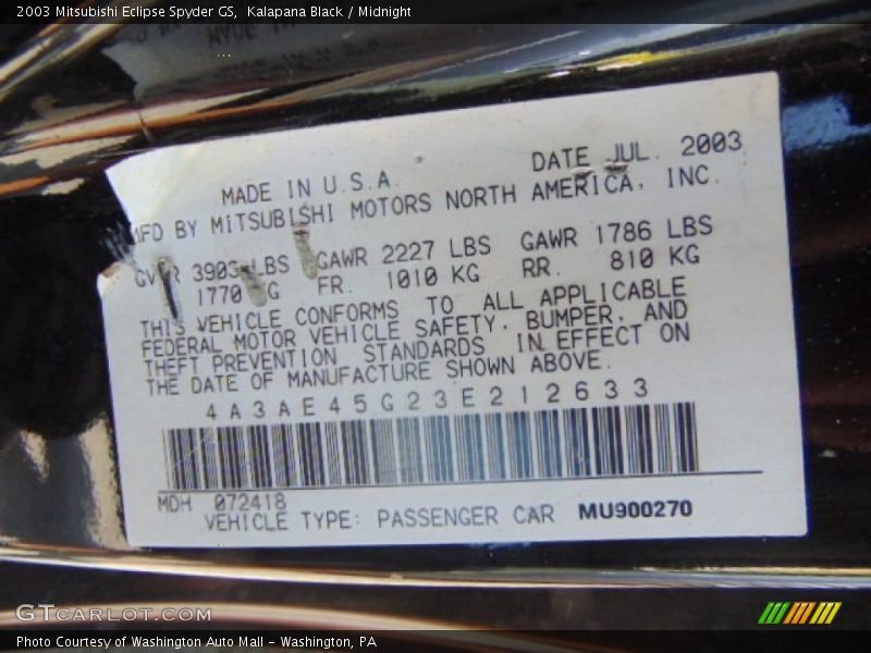 Kalapana Black / Midnight 2003 Mitsubishi Eclipse Spyder GS