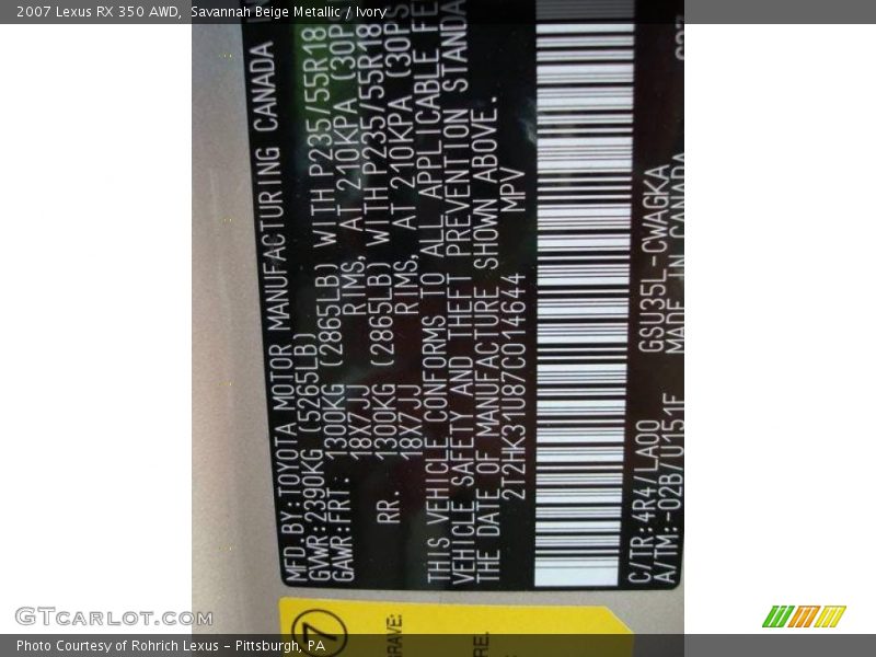 Savannah Beige Metallic / Ivory 2007 Lexus RX 350 AWD