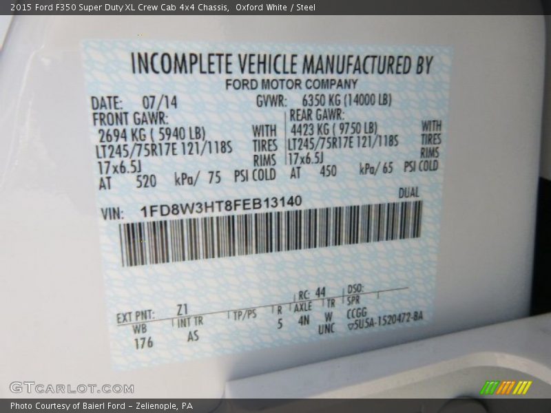 2015 F350 Super Duty XL Crew Cab 4x4 Chassis Oxford White Color Code Z1
