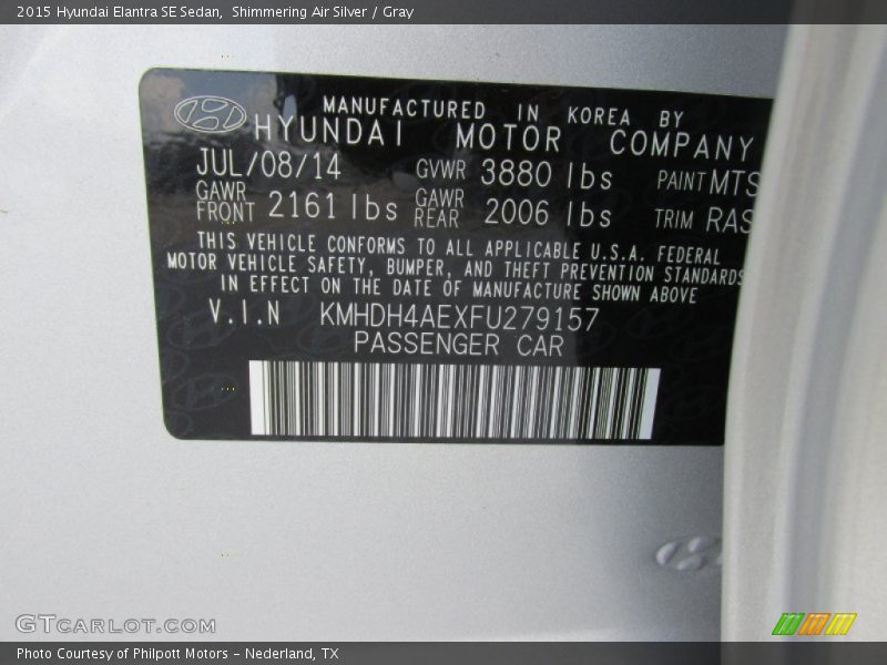 Shimmering Air Silver / Gray 2015 Hyundai Elantra SE Sedan