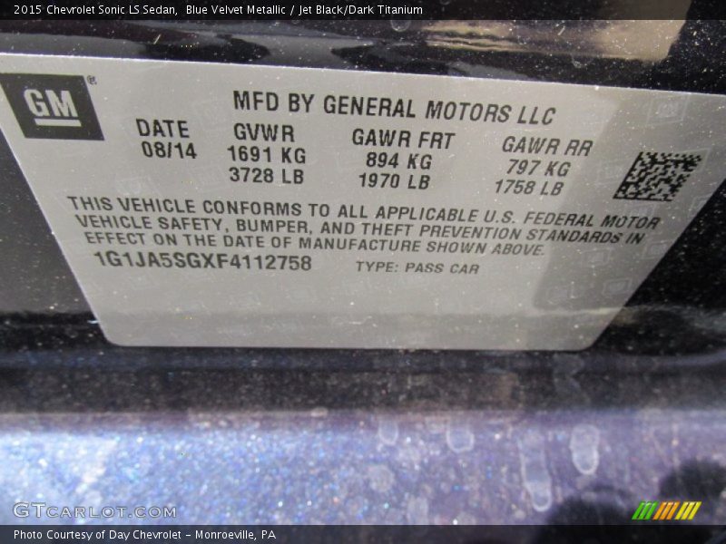 Blue Velvet Metallic / Jet Black/Dark Titanium 2015 Chevrolet Sonic LS Sedan