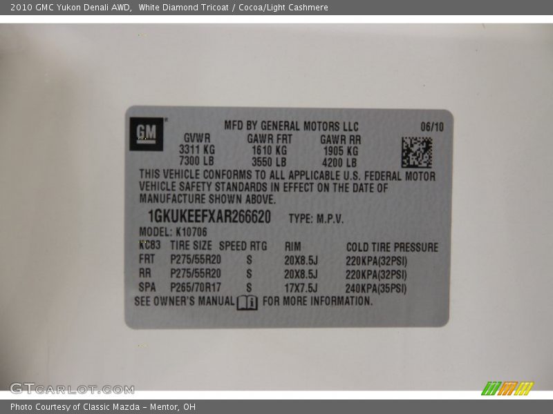 White Diamond Tricoat / Cocoa/Light Cashmere 2010 GMC Yukon Denali AWD