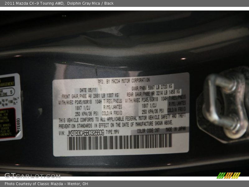 Dolphin Gray Mica / Black 2011 Mazda CX-9 Touring AWD