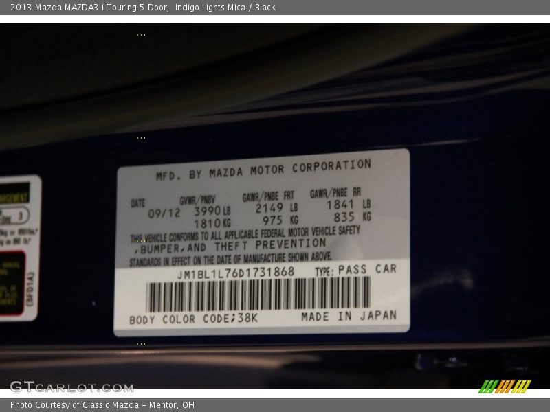 Indigo Lights Mica / Black 2013 Mazda MAZDA3 i Touring 5 Door
