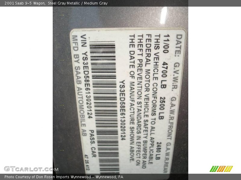 Steel Gray Metallic / Medium Gray 2001 Saab 9-5 Wagon