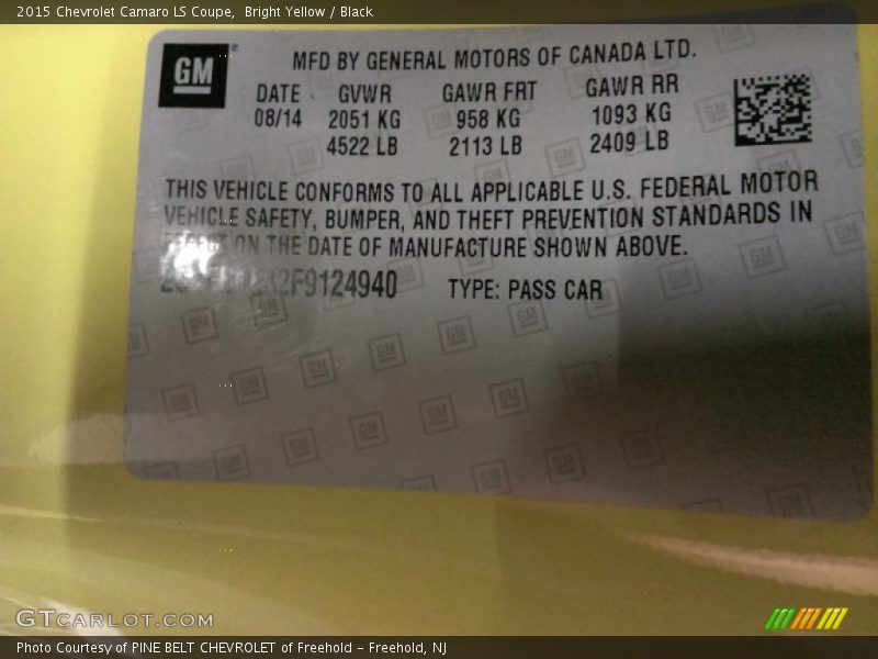 Bright Yellow / Black 2015 Chevrolet Camaro LS Coupe