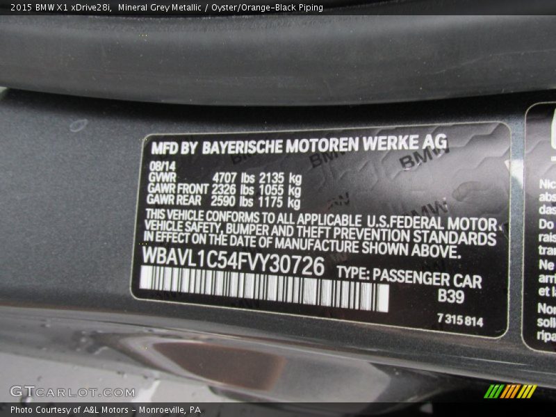 2015 X1 xDrive28i Mineral Grey Metallic Color Code B39