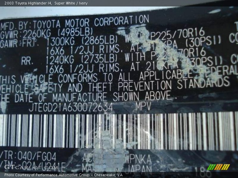 Super White / Ivory 2003 Toyota Highlander I4