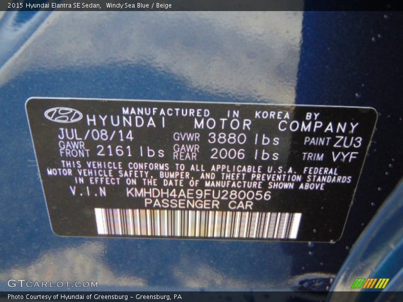 Windy Sea Blue / Beige 2015 Hyundai Elantra SE Sedan