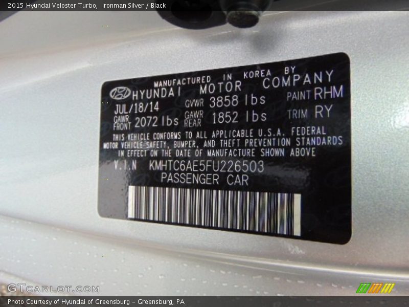 2015 Veloster Turbo Ironman Silver Color Code RHM