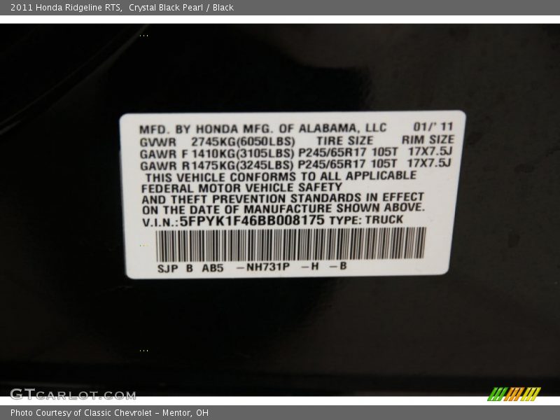 Crystal Black Pearl / Black 2011 Honda Ridgeline RTS