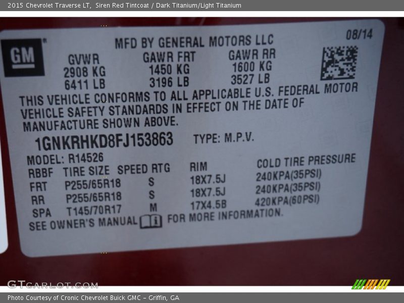 Siren Red Tintcoat / Dark Titanium/Light Titanium 2015 Chevrolet Traverse LT