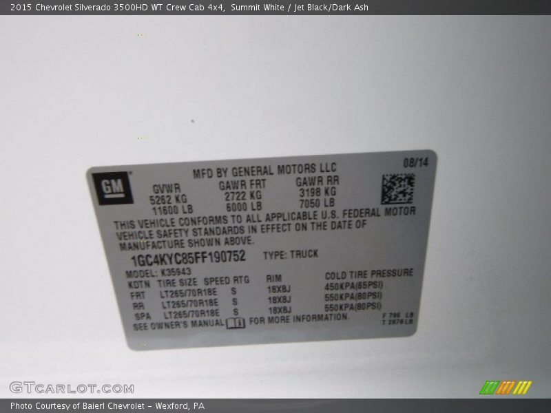 Info Tag of 2015 Silverado 3500HD WT Crew Cab 4x4