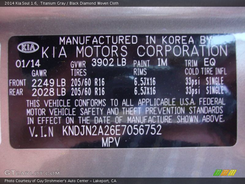 Titanium Gray / Black Diamond Woven Cloth 2014 Kia Soul 1.6