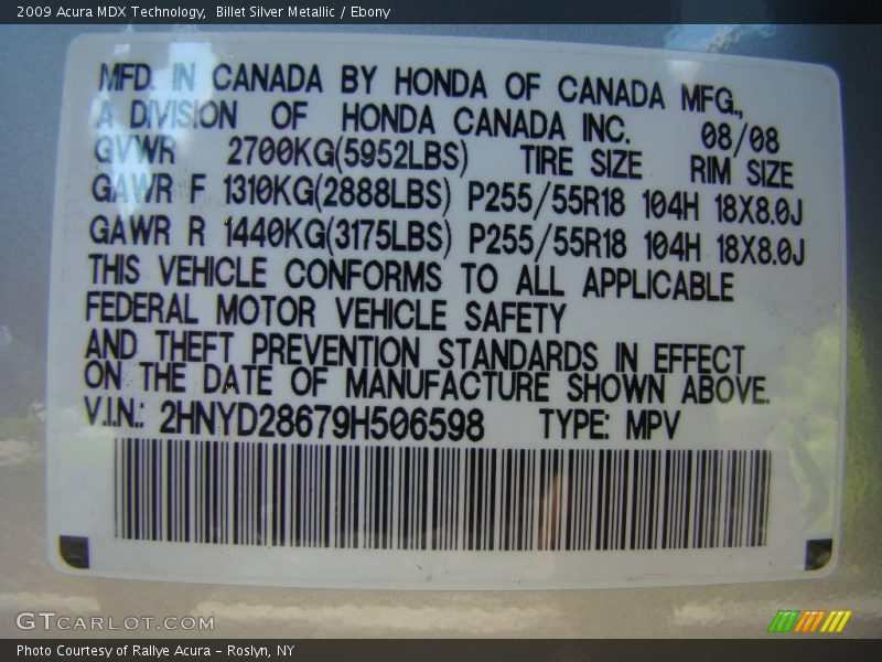 Billet Silver Metallic / Ebony 2009 Acura MDX Technology