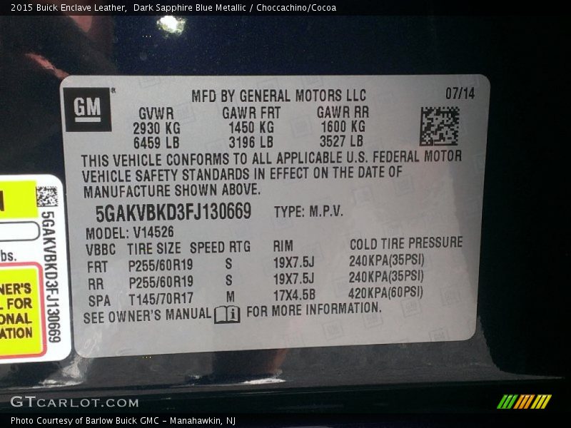 Dark Sapphire Blue Metallic / Choccachino/Cocoa 2015 Buick Enclave Leather