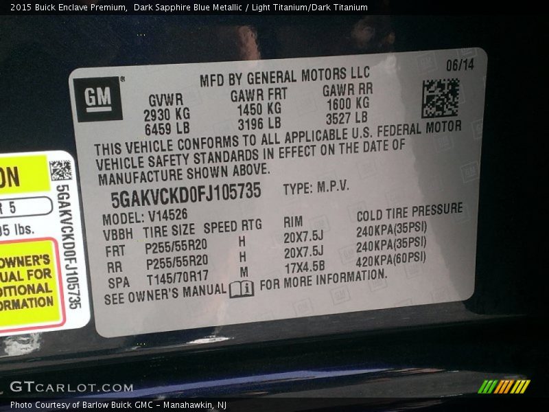 Dark Sapphire Blue Metallic / Light Titanium/Dark Titanium 2015 Buick Enclave Premium
