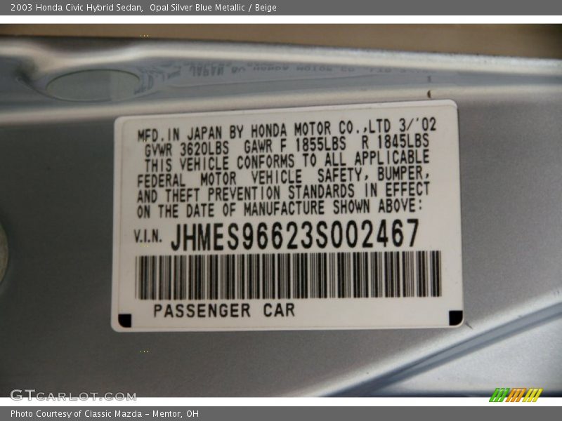 Opal Silver Blue Metallic / Beige 2003 Honda Civic Hybrid Sedan