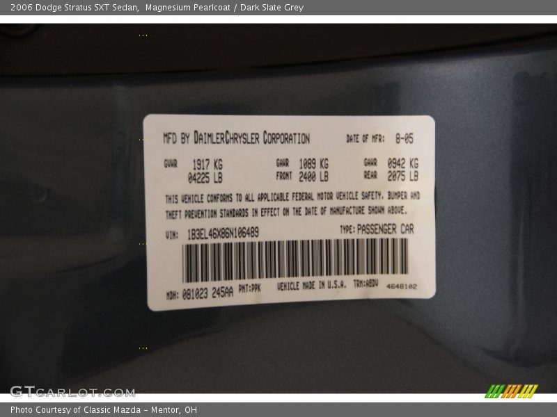 Magnesium Pearlcoat / Dark Slate Grey 2006 Dodge Stratus SXT Sedan