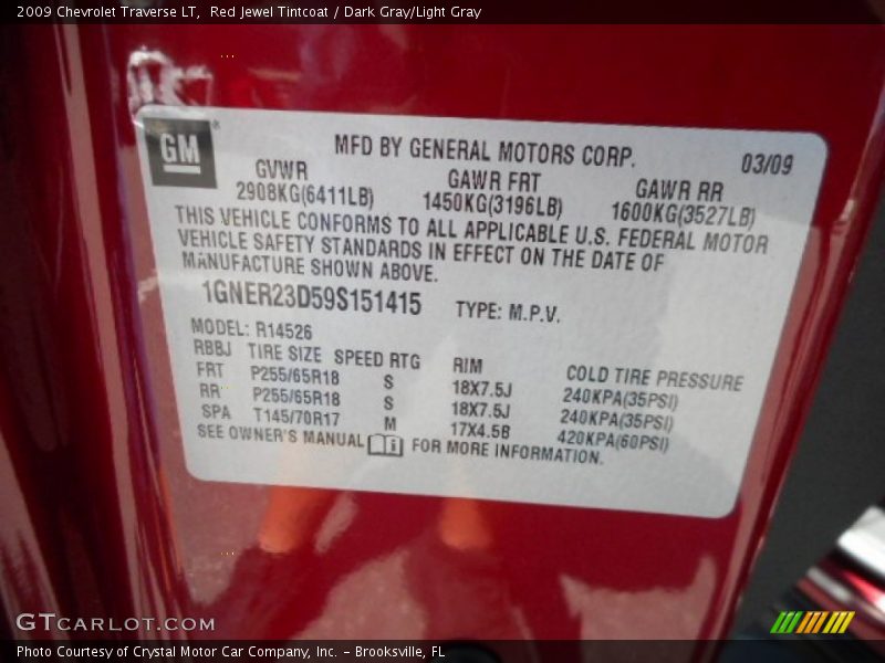 Red Jewel Tintcoat / Dark Gray/Light Gray 2009 Chevrolet Traverse LT