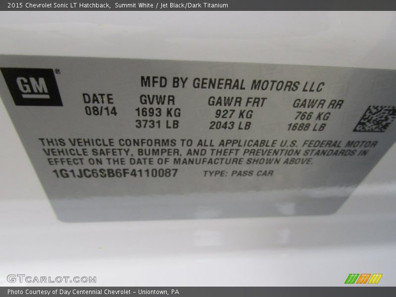 Summit White / Jet Black/Dark Titanium 2015 Chevrolet Sonic LT Hatchback