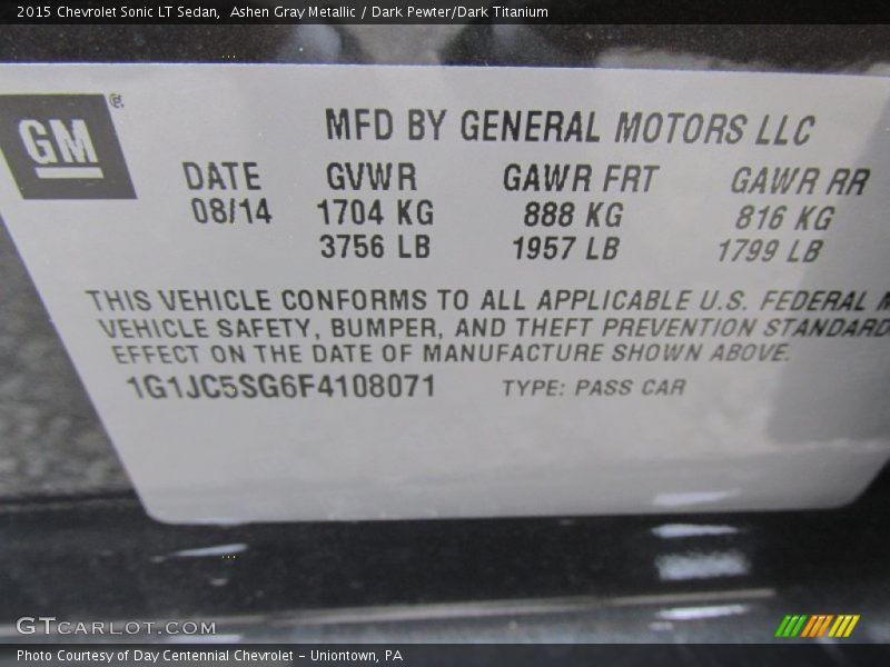Ashen Gray Metallic / Dark Pewter/Dark Titanium 2015 Chevrolet Sonic LT Sedan
