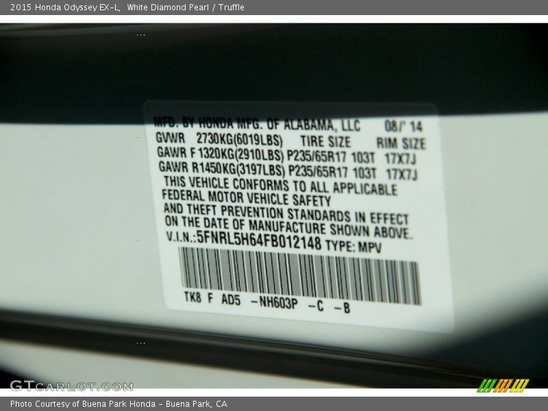 White Diamond Pearl / Truffle 2015 Honda Odyssey EX-L