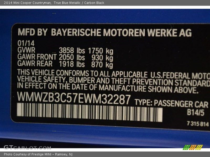 True Blue Metallic / Carbon Black 2014 Mini Cooper Countryman