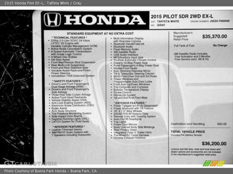 Taffeta White / Gray 2015 Honda Pilot EX-L