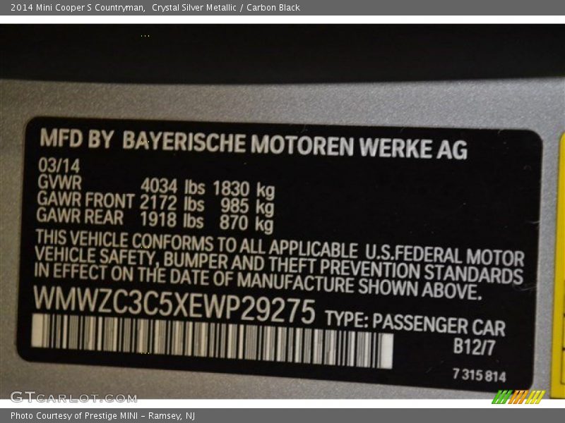 Crystal Silver Metallic / Carbon Black 2014 Mini Cooper S Countryman