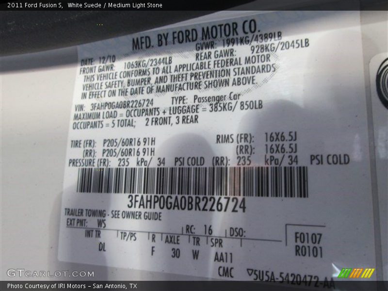 White Suede / Medium Light Stone 2011 Ford Fusion S