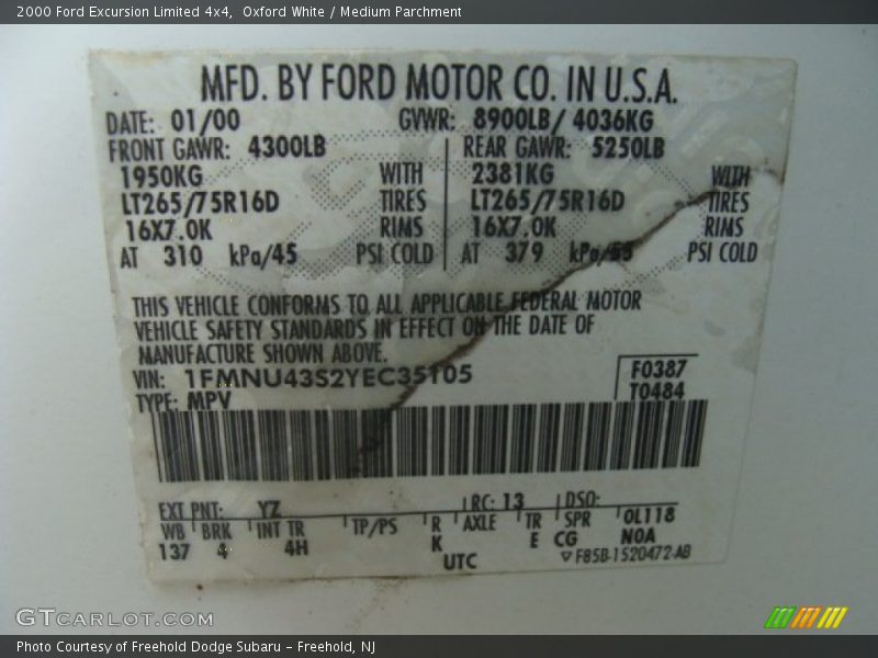 Oxford White / Medium Parchment 2000 Ford Excursion Limited 4x4