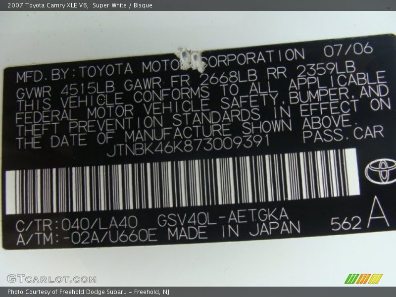 Super White / Bisque 2007 Toyota Camry XLE V6