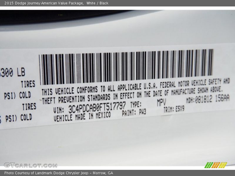 2015 Journey American Value Package White Color Code PW3