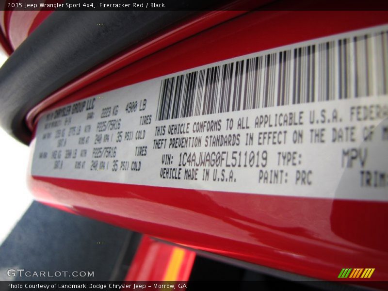 2015 Wrangler Sport 4x4 Firecracker Red Color Code PRC