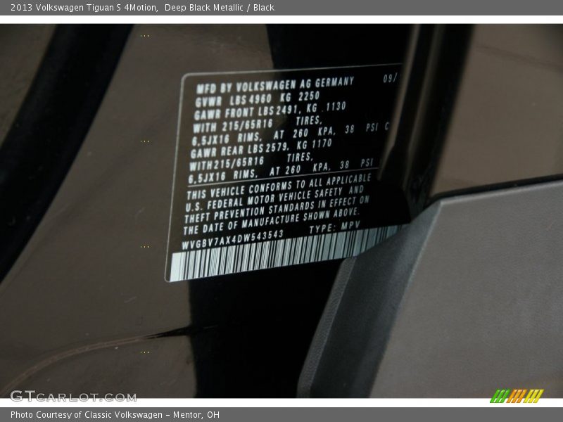 Deep Black Metallic / Black 2013 Volkswagen Tiguan S 4Motion