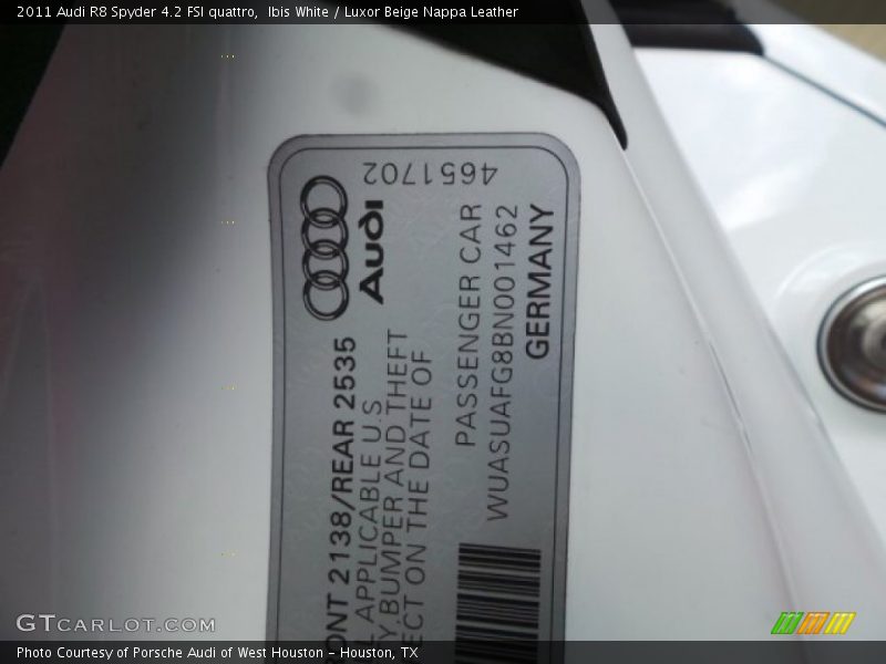 Ibis White / Luxor Beige Nappa Leather 2011 Audi R8 Spyder 4.2 FSI quattro