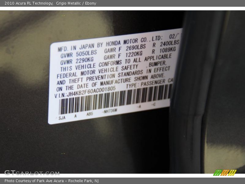 Grigio Metallic / Ebony 2010 Acura RL Technology